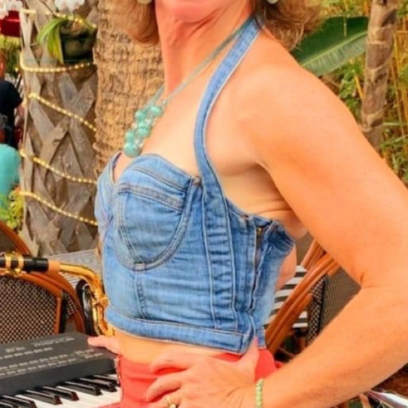 Guess Denim Bustier Crop Top - Picture 1 of 16